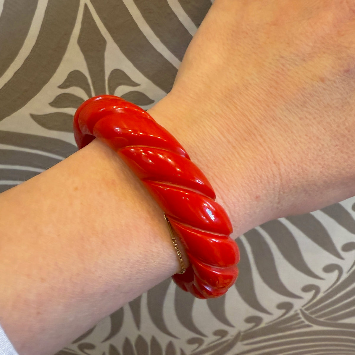 Bright Red Bakelite Carved Bangle Bracelet
