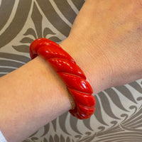 Bright Red Bakelite Carved Bangle Bracelet