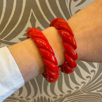 Cherry Red Bakelite Rope Carved Bangle