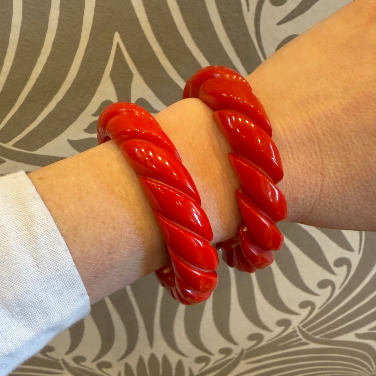 Bright Red Bakelite Carved Bangle Bracelet