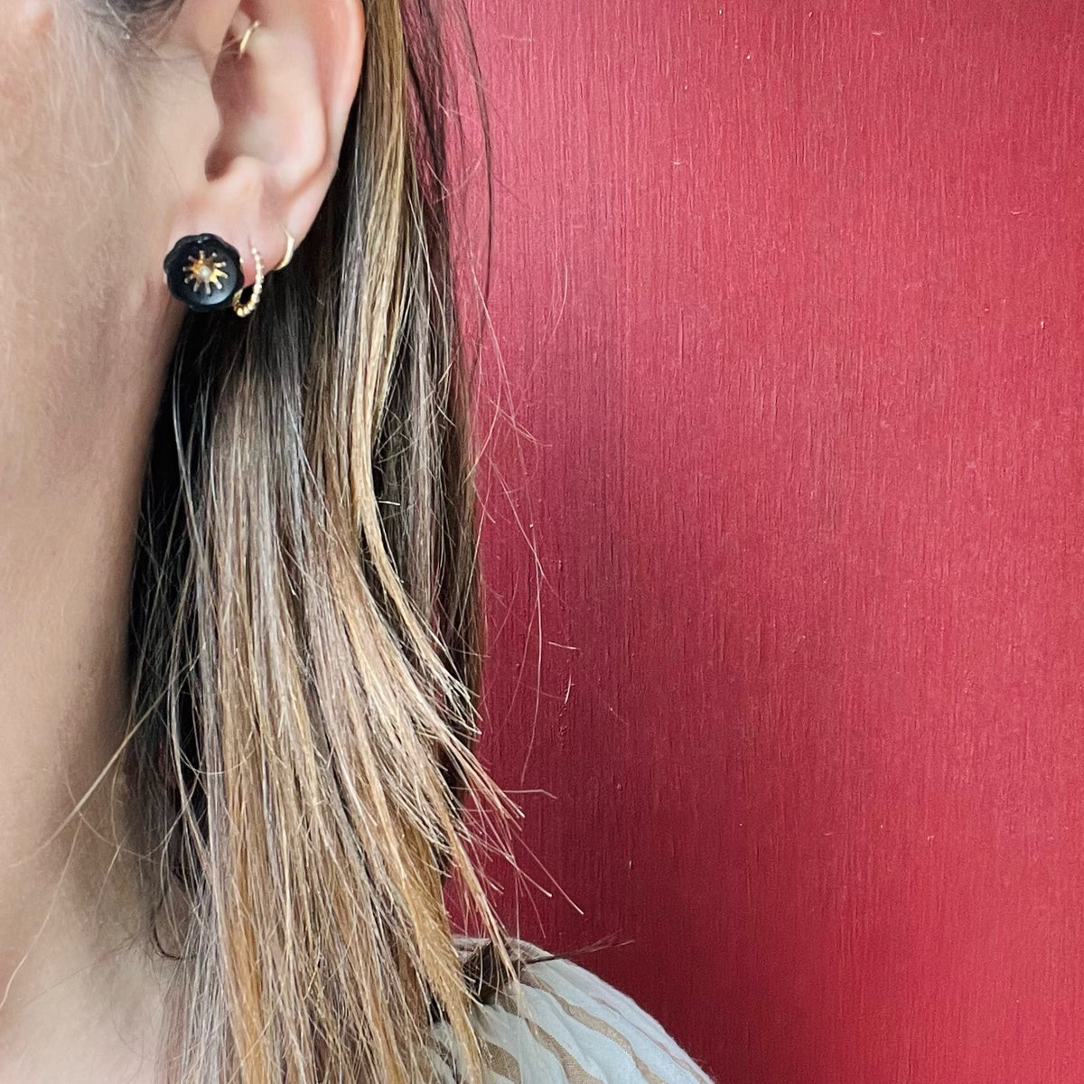 Winsome Black Onyx & Gold Flower Stud Earrings
