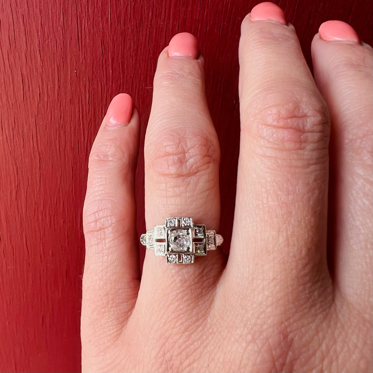 Geometric Art Deco Old Mine Cut Diamond Engagement Ring
