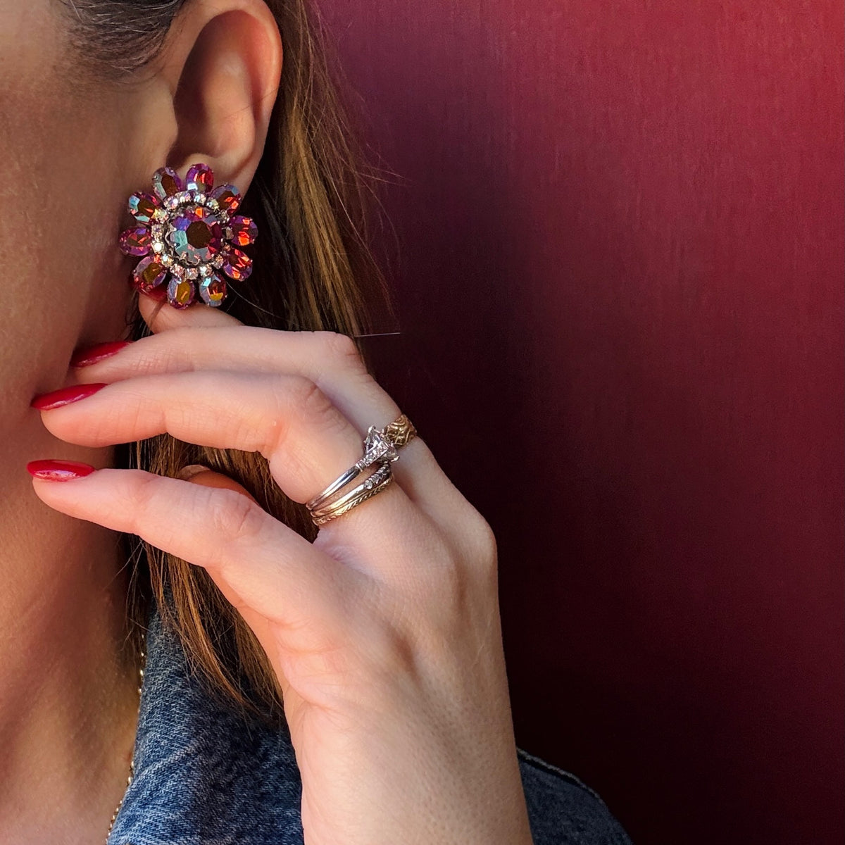 Red Aurora Borealis Rhinestone Flower Earrings by Vendome
