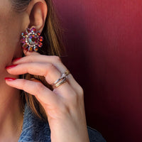 Red Aurora Borealis Rhinestone Flower Earrings by Vendome