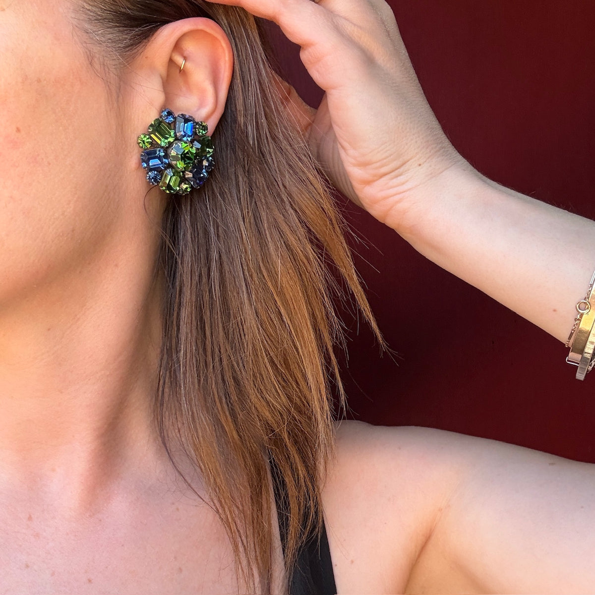 Gorgeous Blue & Green Rhinestone Earrings by Weiss