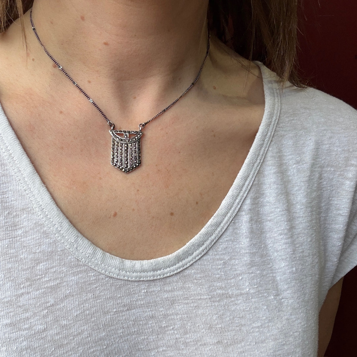 Handsome Deco Style Sterling & Marcasite Shield Necklace