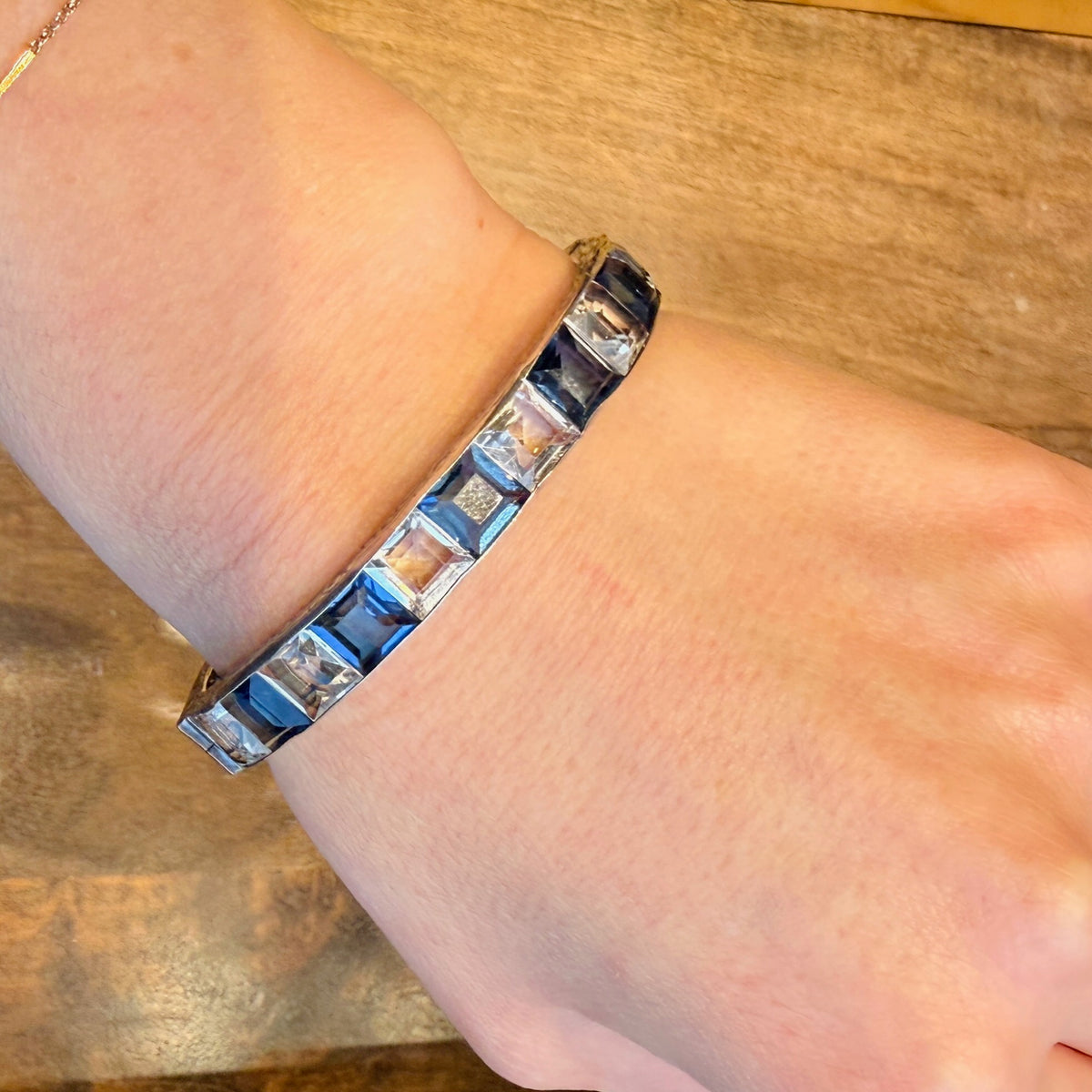 Crisp Blue & White Crystals in Sterling Art Deco Bangle