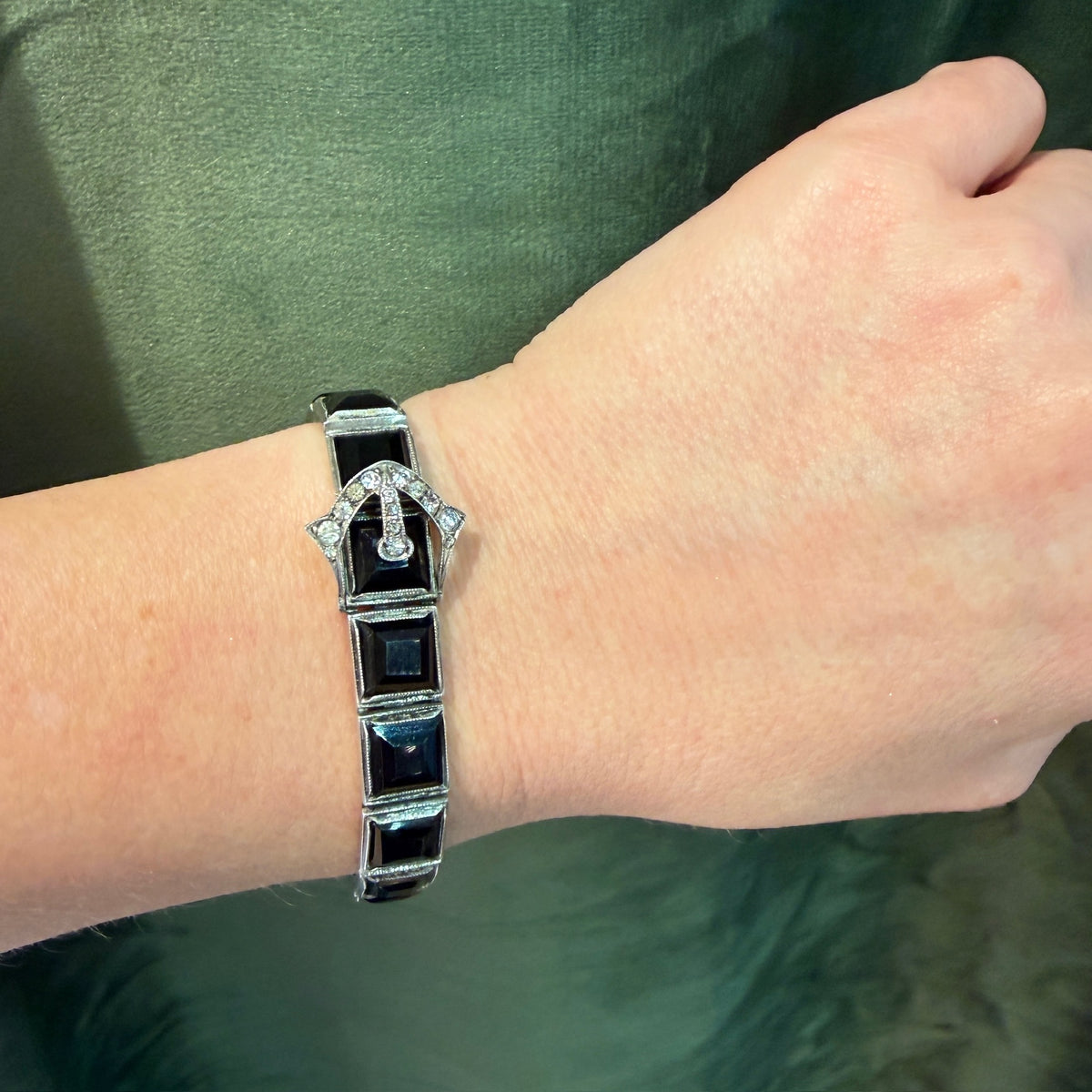 Diamonbar Sterling & Black Glass Buckle Bracelet