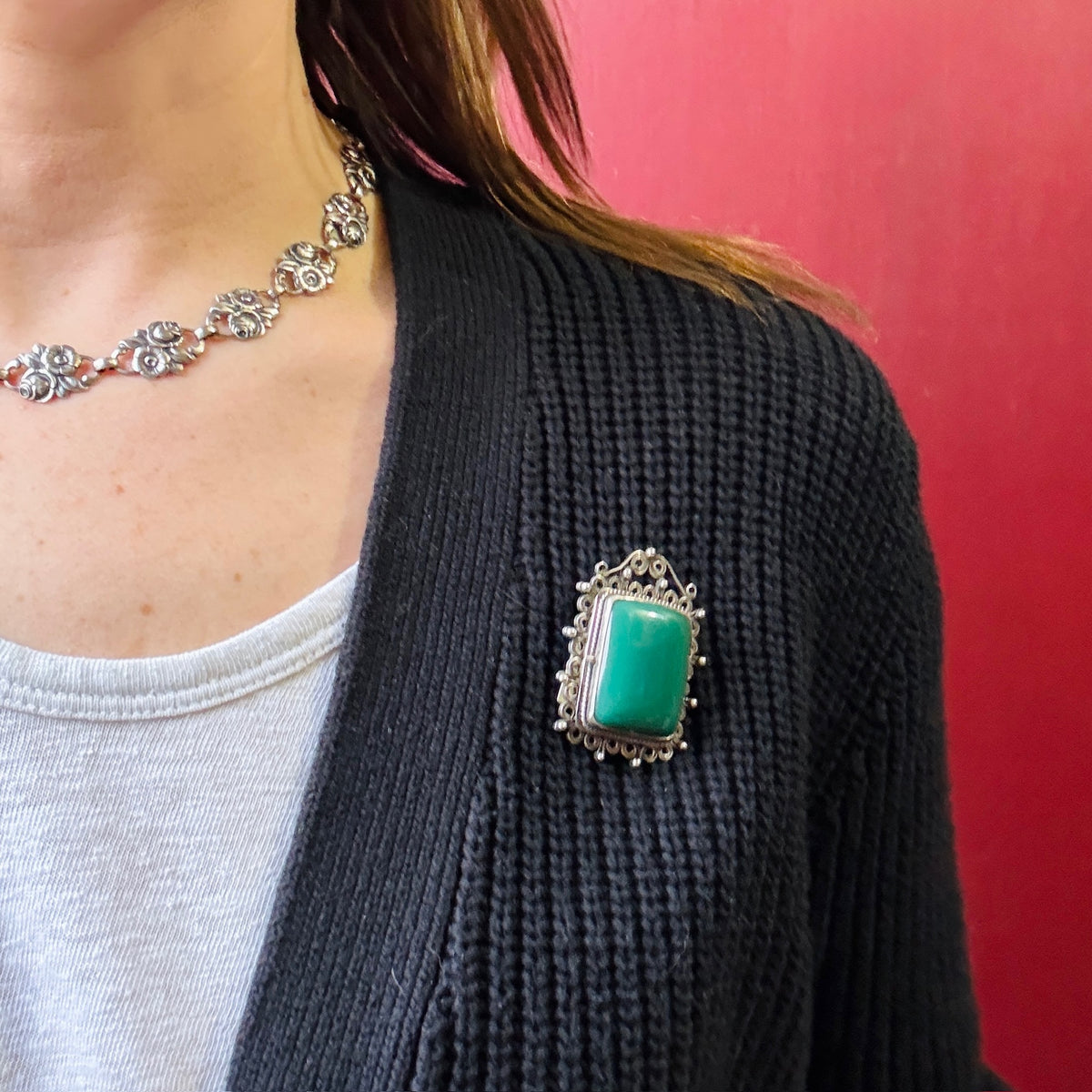 Green Onyx & Sterling Filigree Locket Brooch