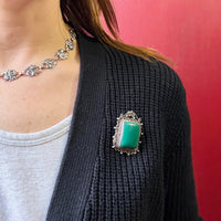 Green Onyx & Sterling Filigree Locket Brooch
