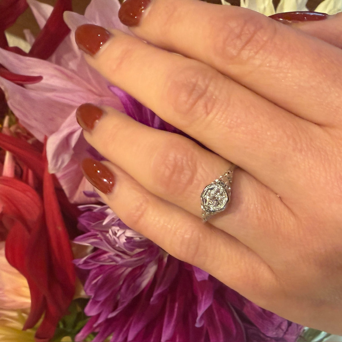 Old Mine Cut Diamond in Floral Filigree Solitaire Ring