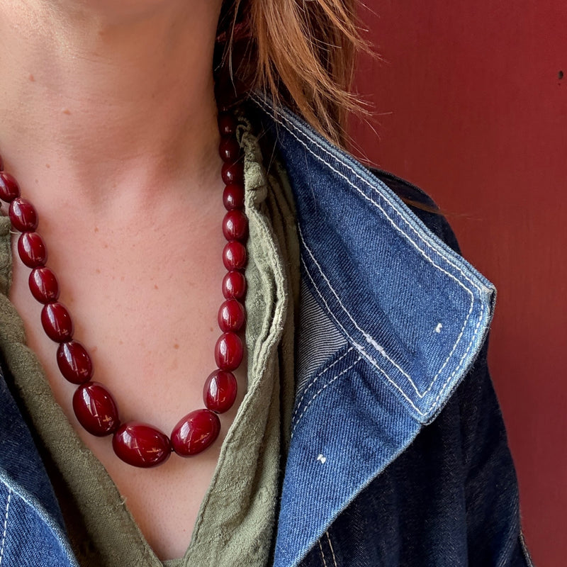 Polished Oval Red Amber Bead Necklace
