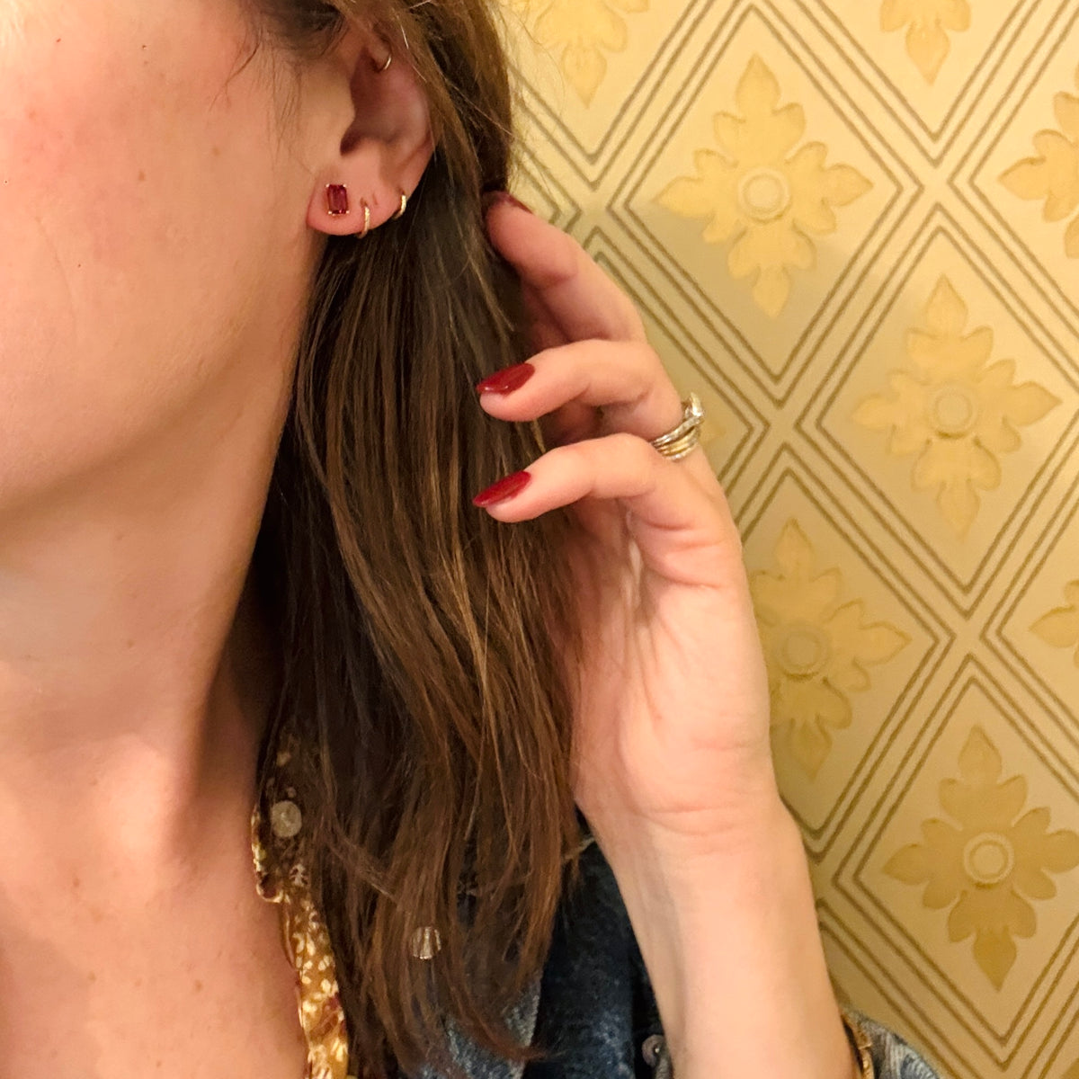 Emerald Cut Garnet Studs in Yellow Gold