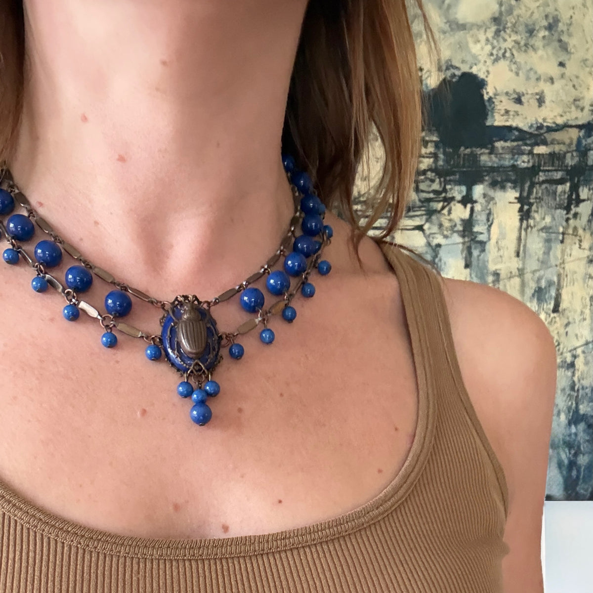 Egyptian Revival Czech Glass & Brass Swag Necklace
