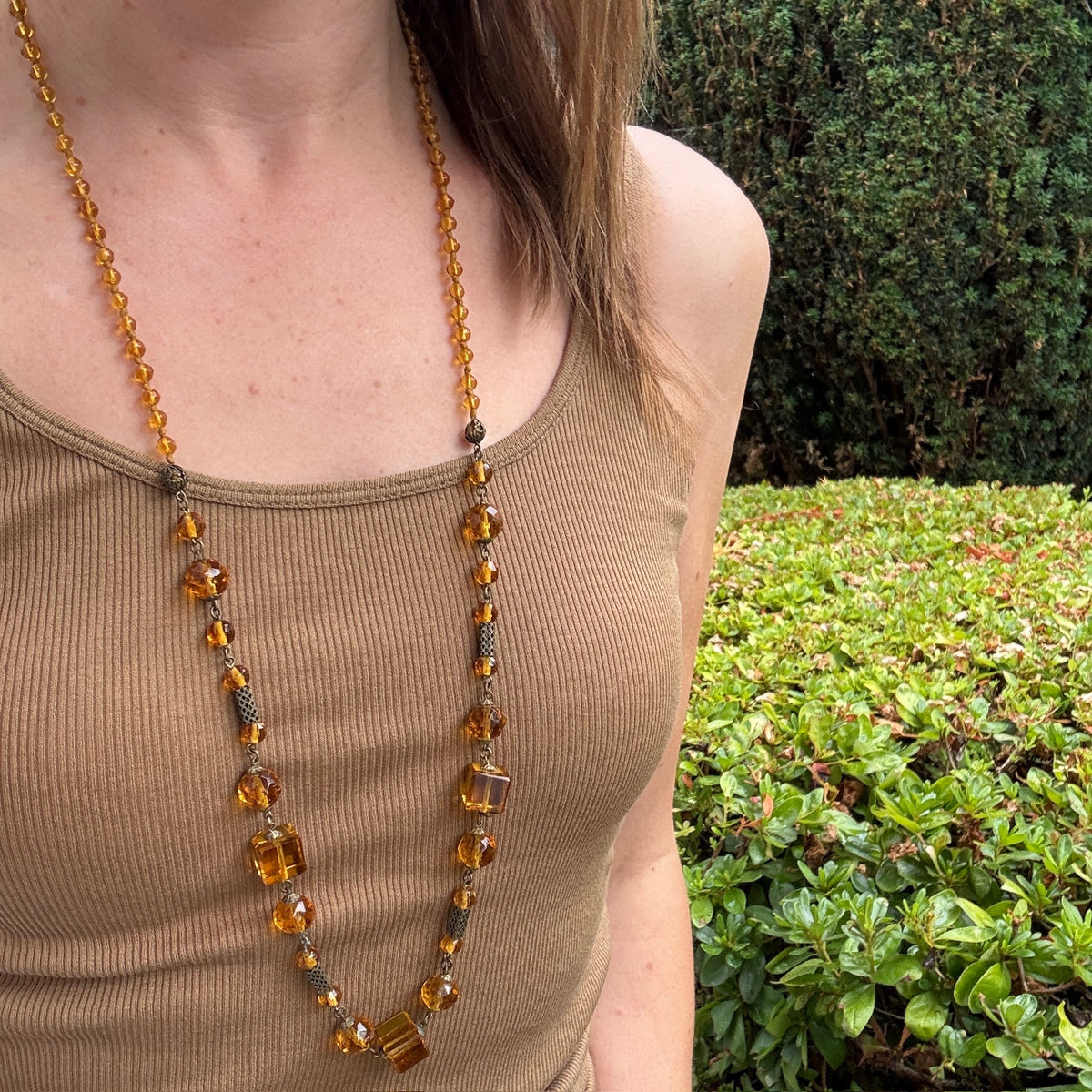 Art Deco Amber Glass & Brass Filigree Beads