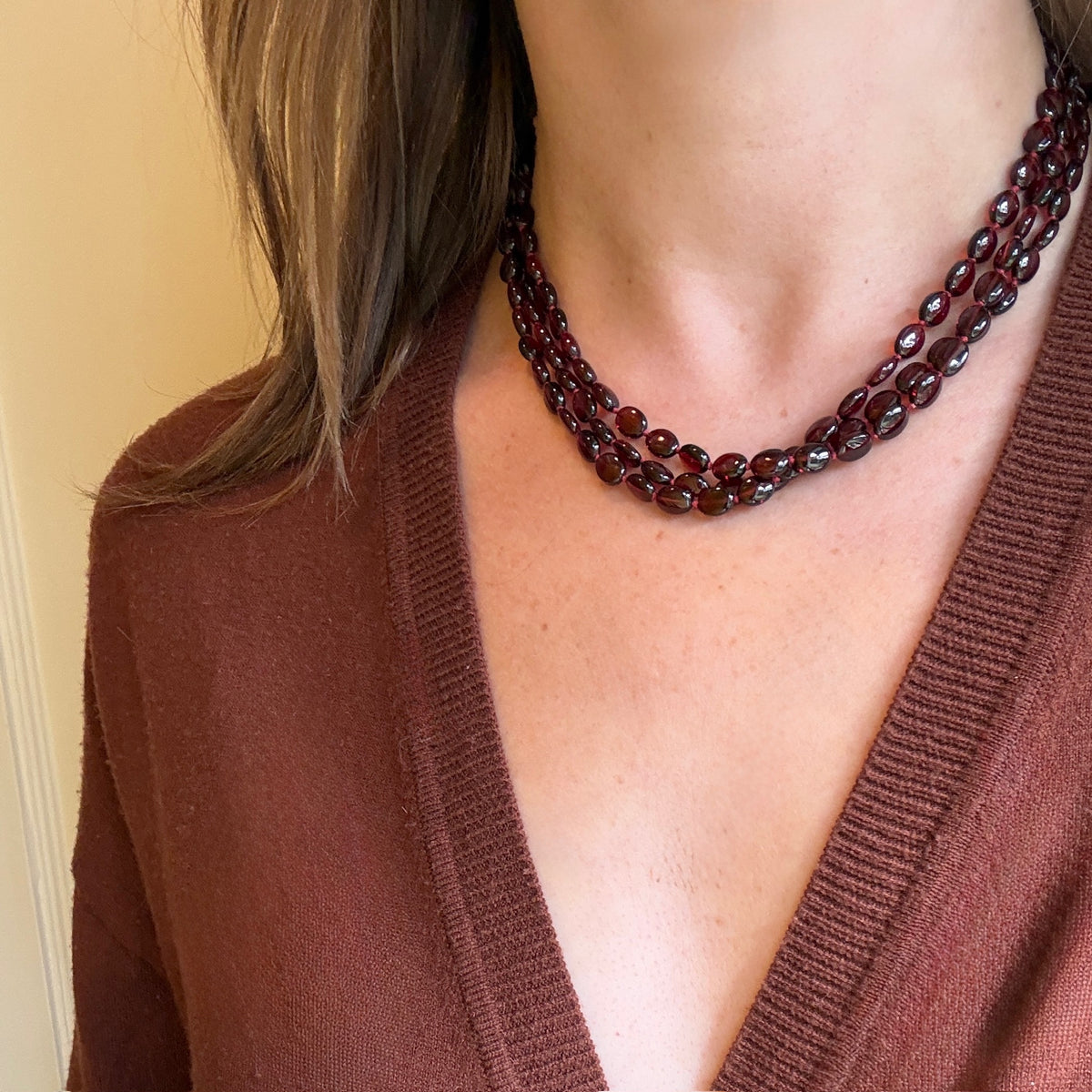 Three Strand Garnet Beads with Gold & Garnet Clasp