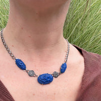 Blue Glass Flowers in Sterling Silver Necklace
