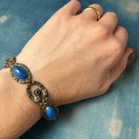 Moody Blue Glass & Brass Floral Bracelet