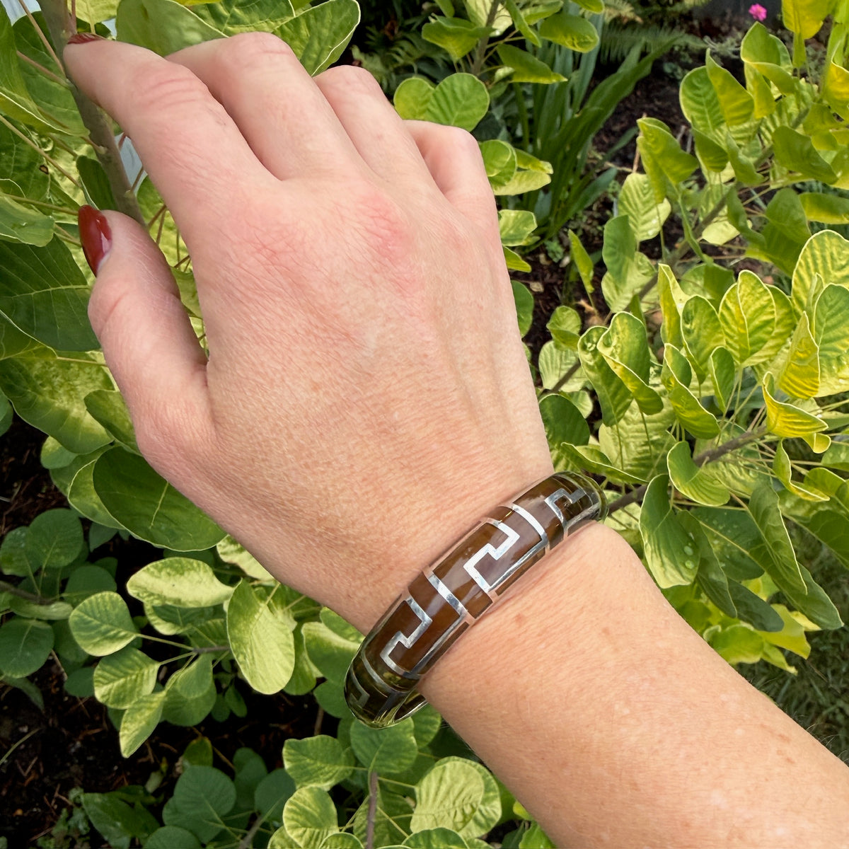 Chic Smoky Glass Bangle with Silver Meander Overlay