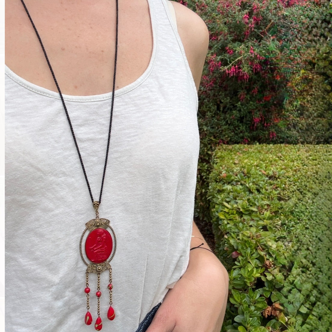 Egyptian Revival Red Czech Glass & Brass Pendant