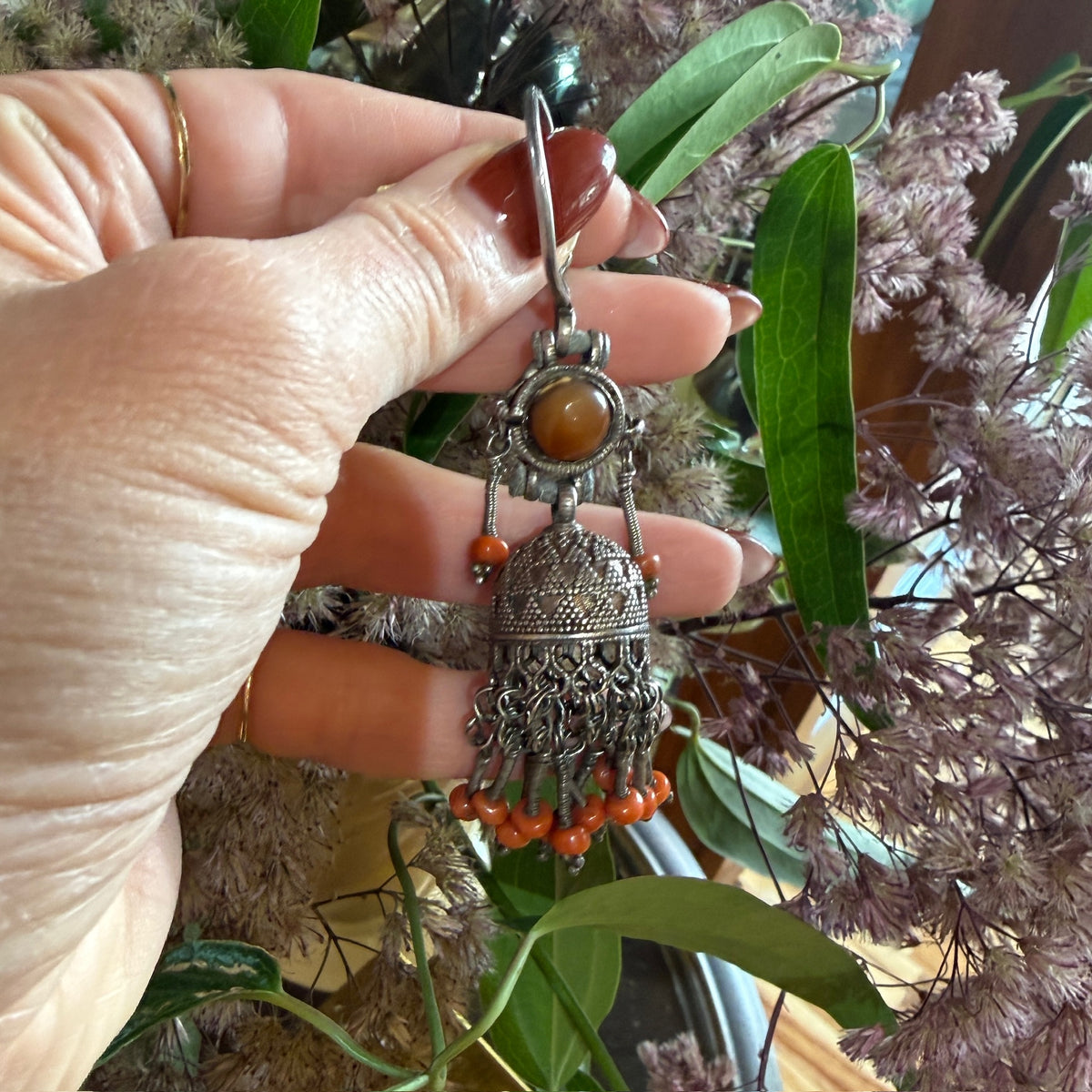 Single Nepalese Earring of Silver, Coral & Carnelian