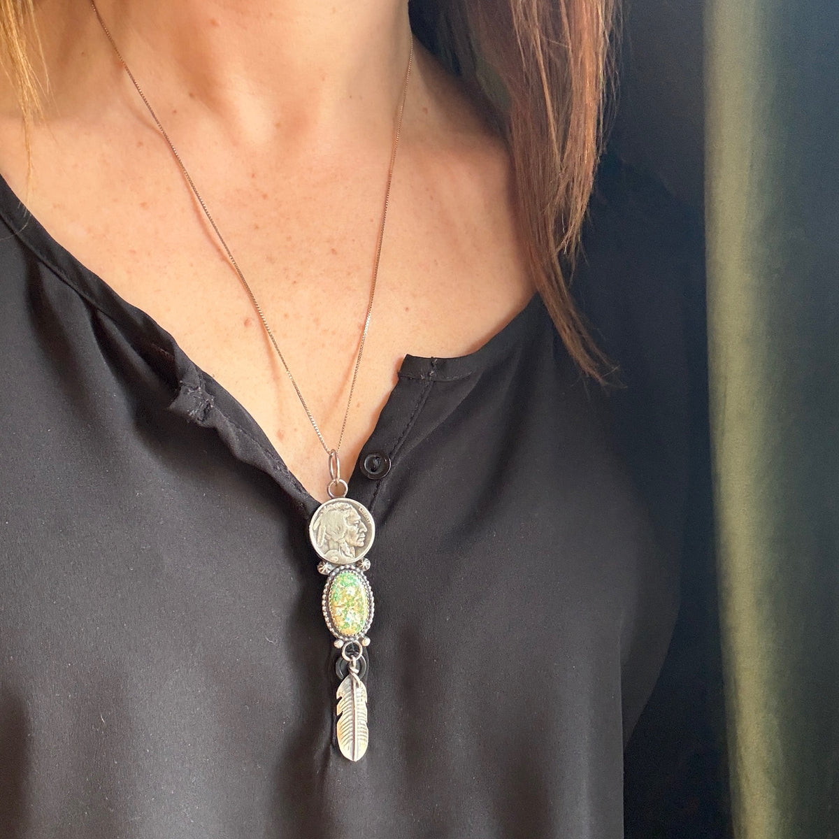 Pendant with Turquoise, Silver Feather & Buffalo Nickel
