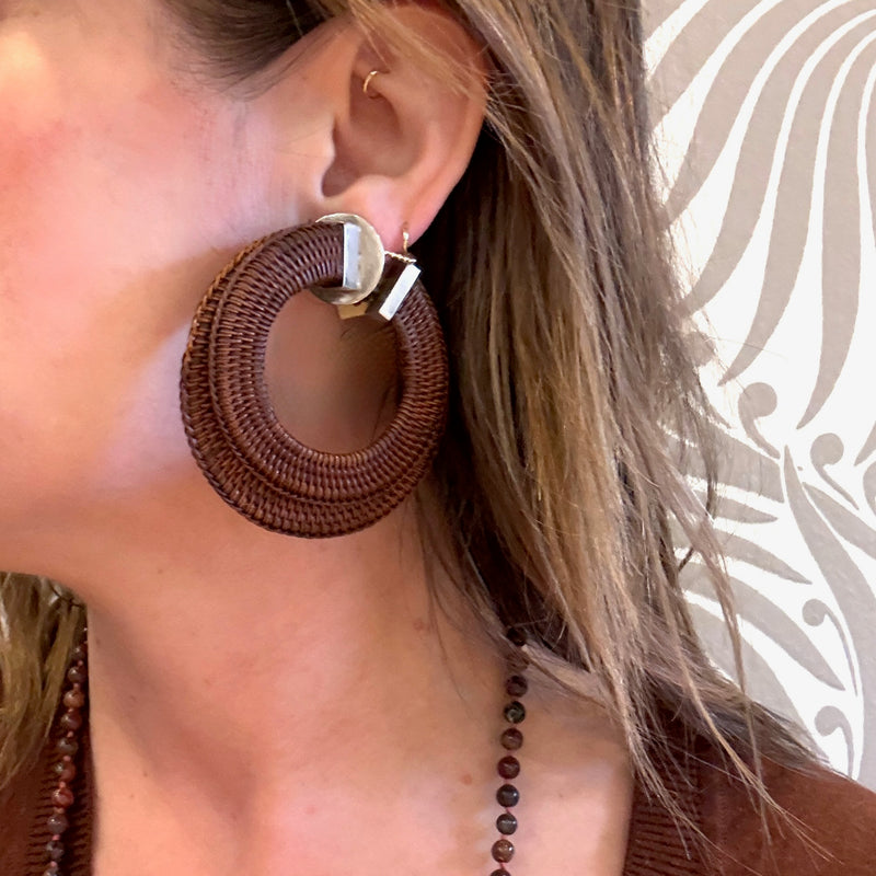 Oversized Rattan & Sterling Silver Clip On Hoops