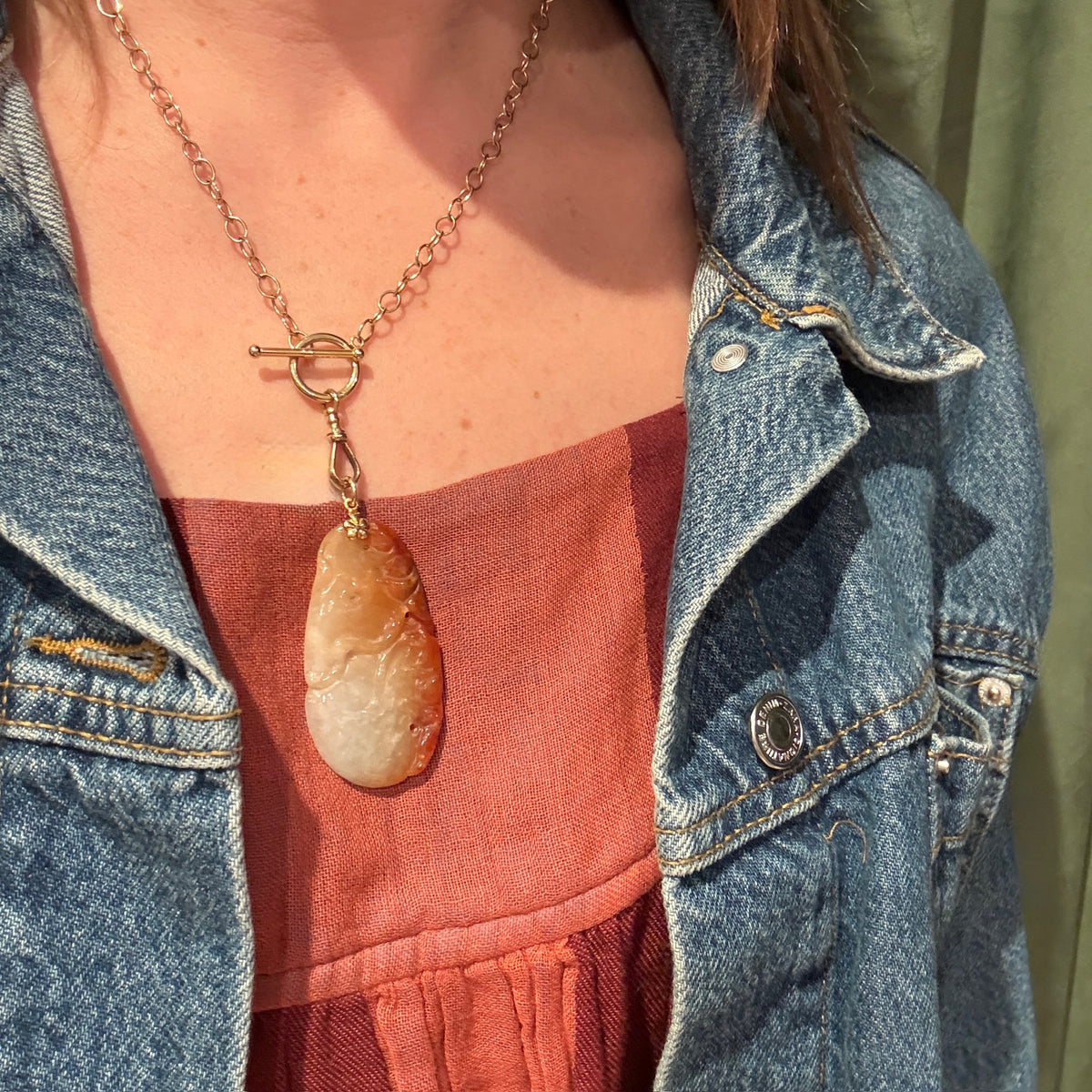 Antique Carved Jade Lily Pad & 14k Gold Pendant