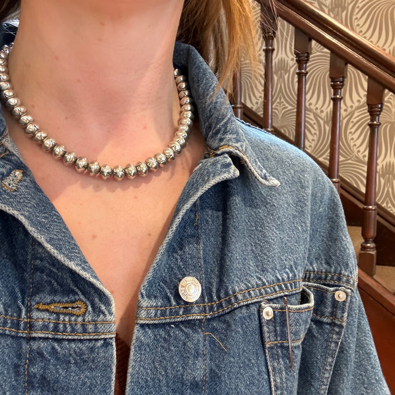 Navajo Rocker-Stamped Silver Bead Necklace