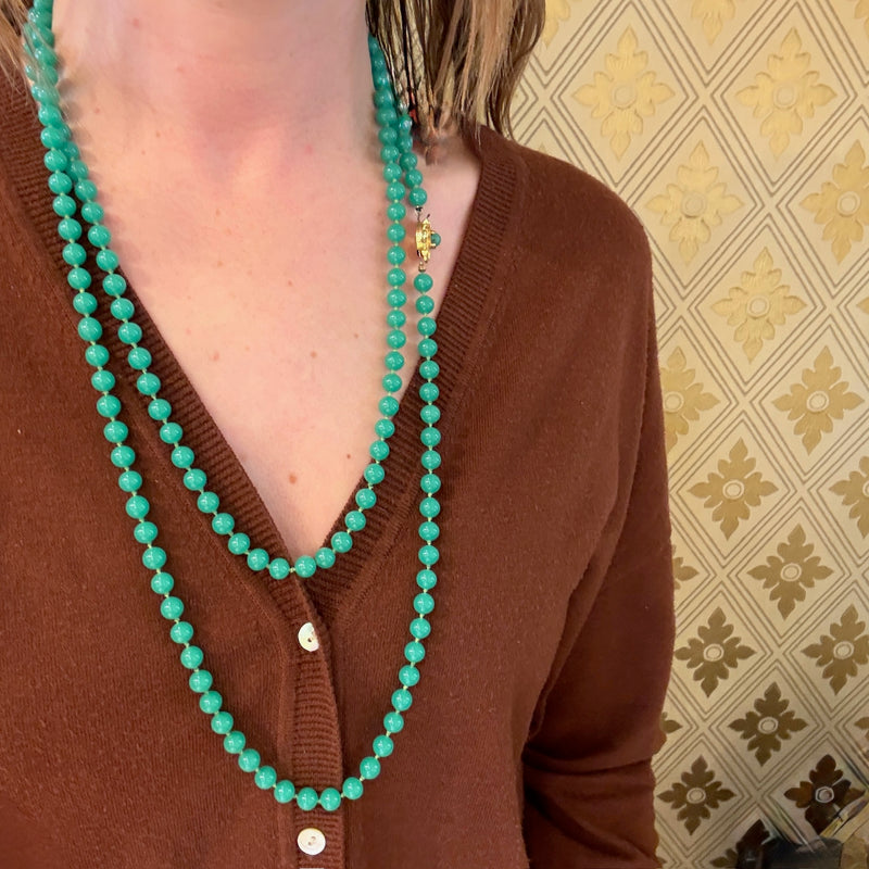 Extra Long Strand Of Gorgeous Green Glass Beads