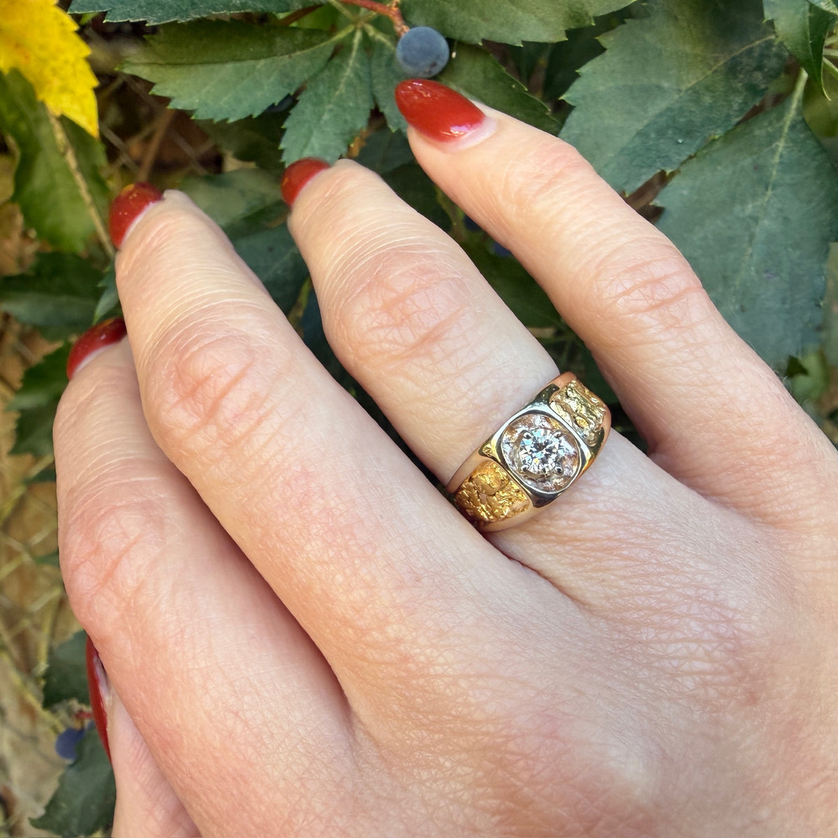 Swanky Gold Nugget Signet Ring with Diamond