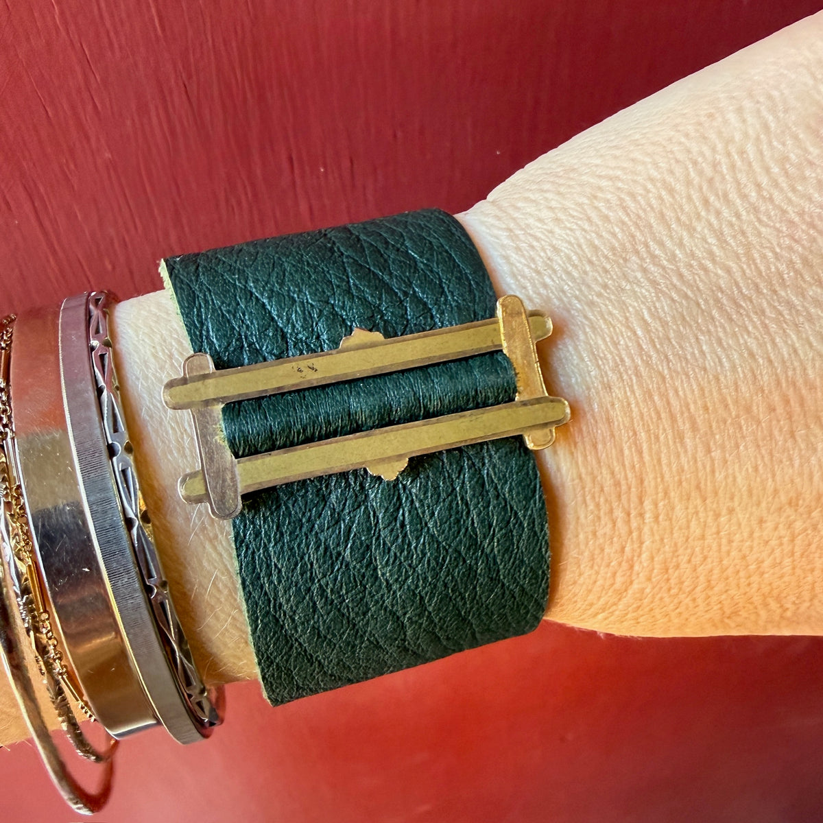 Antique Buckle & Green Leather Bracelet by Ancient Influences