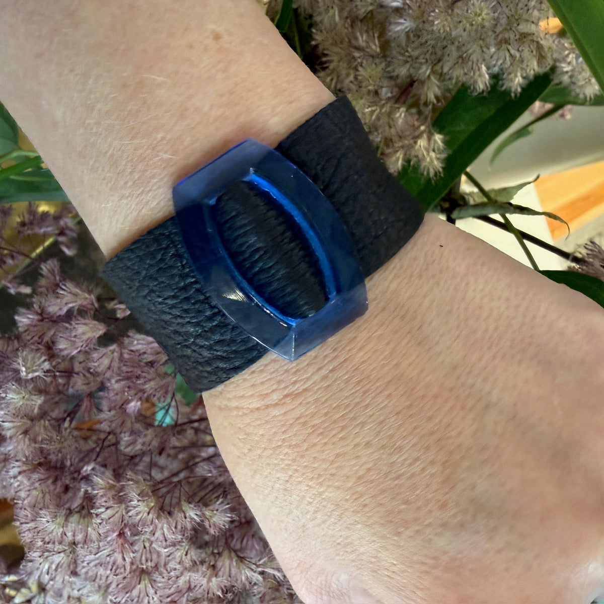 Blue Buckle & Black Leather Bracelet by Ancient Influences