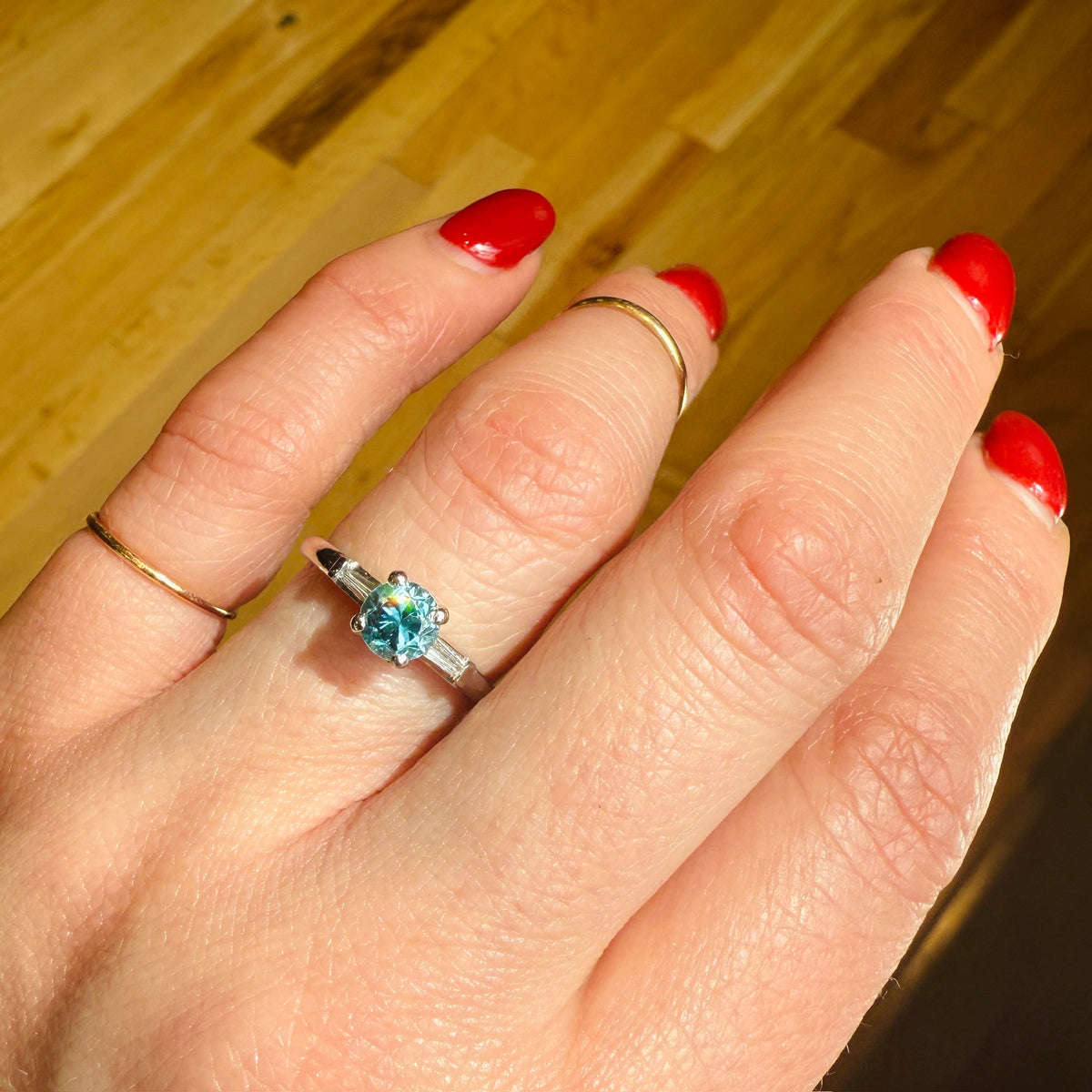 40s Platinum Diamond Baguette Blue Zircon Engagement Ring