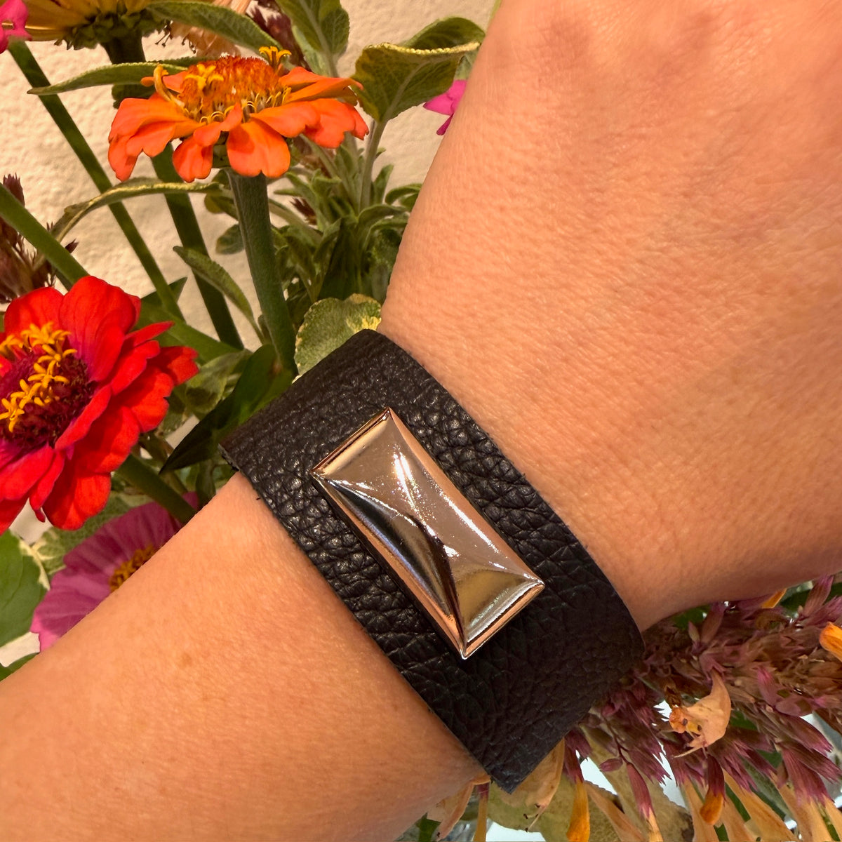 Chrome & Black Leather Bracelet by Ancient Influences