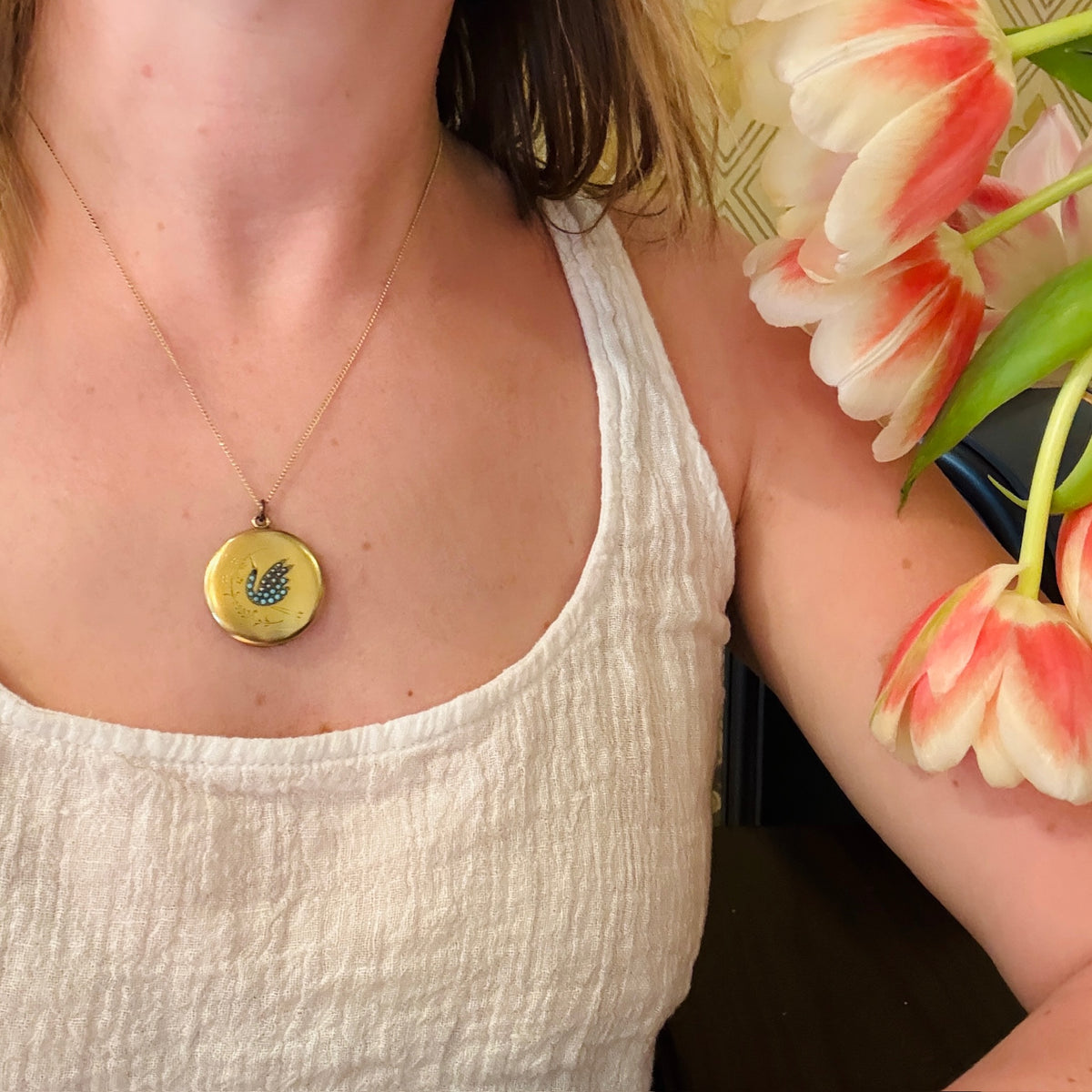 Happy Blue Bird Gold Filled Victorian Locket