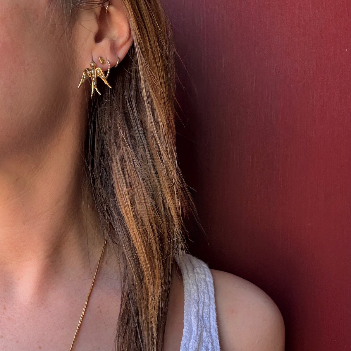 English Swallow Gold & Pearl Earrings
