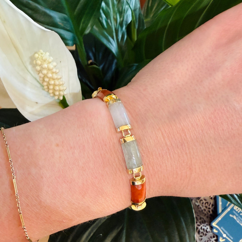 "Good Luck" Multi-Colored Jade & Gold Chinese Bracelet