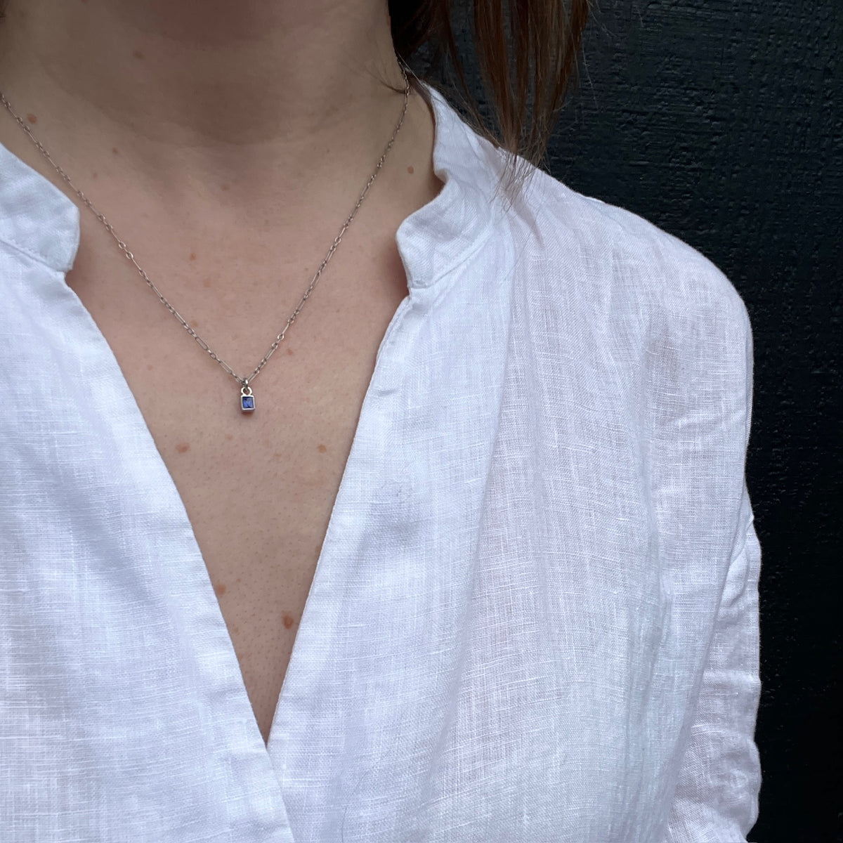 Velvety Square Sapphire Solitaire Necklace