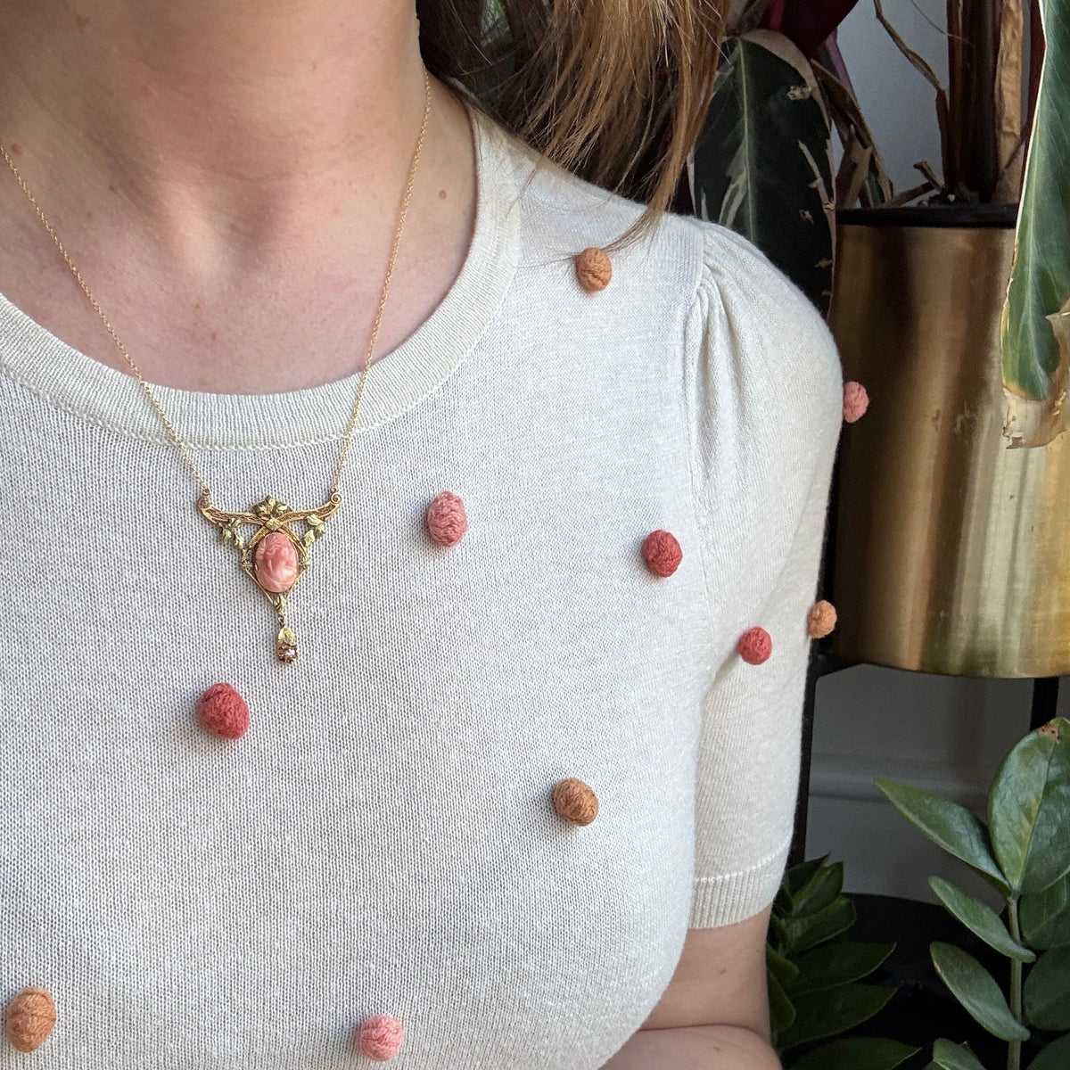 Leafy Bower Coral Cameo Necklace