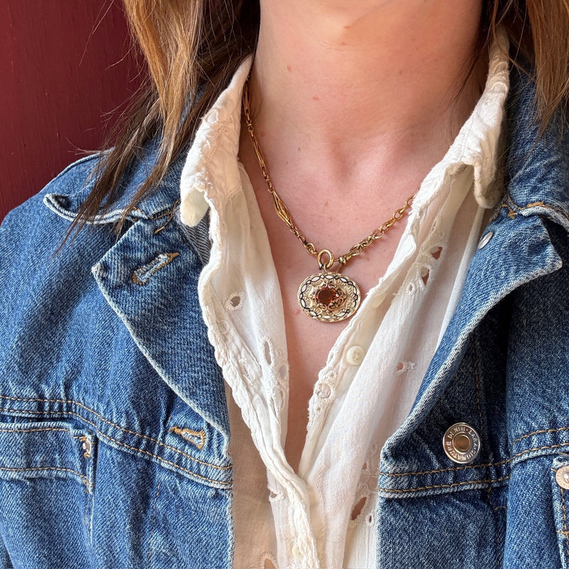 Citrine & Engraved Gold Victorian Pendant