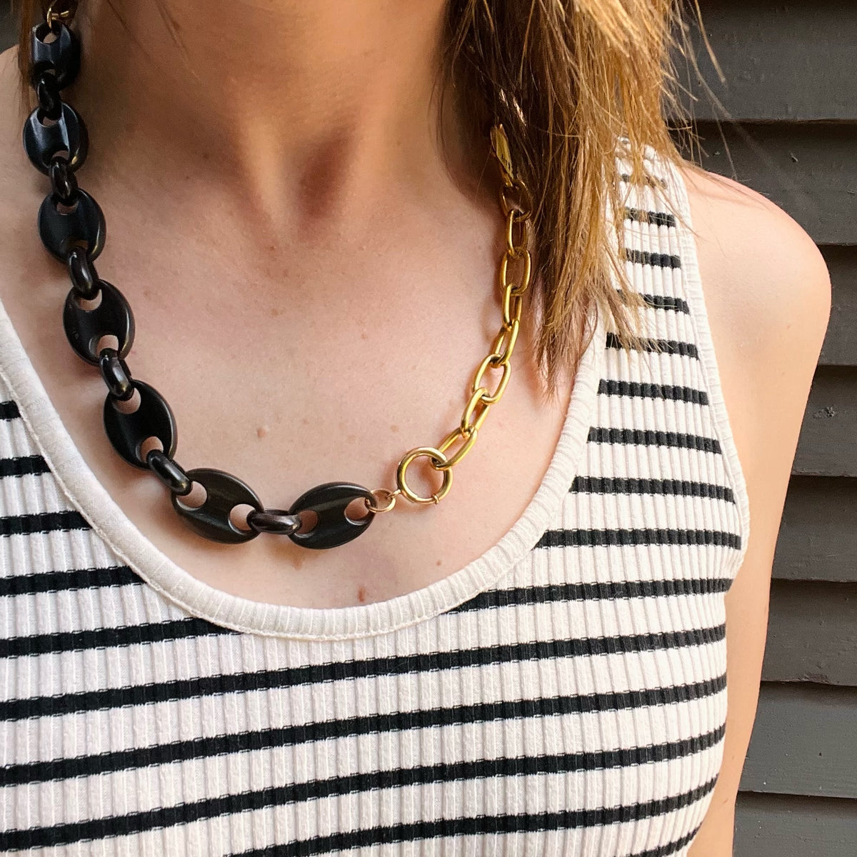 Carved Jet & Golden Oval Link Chain by Ancient Influences