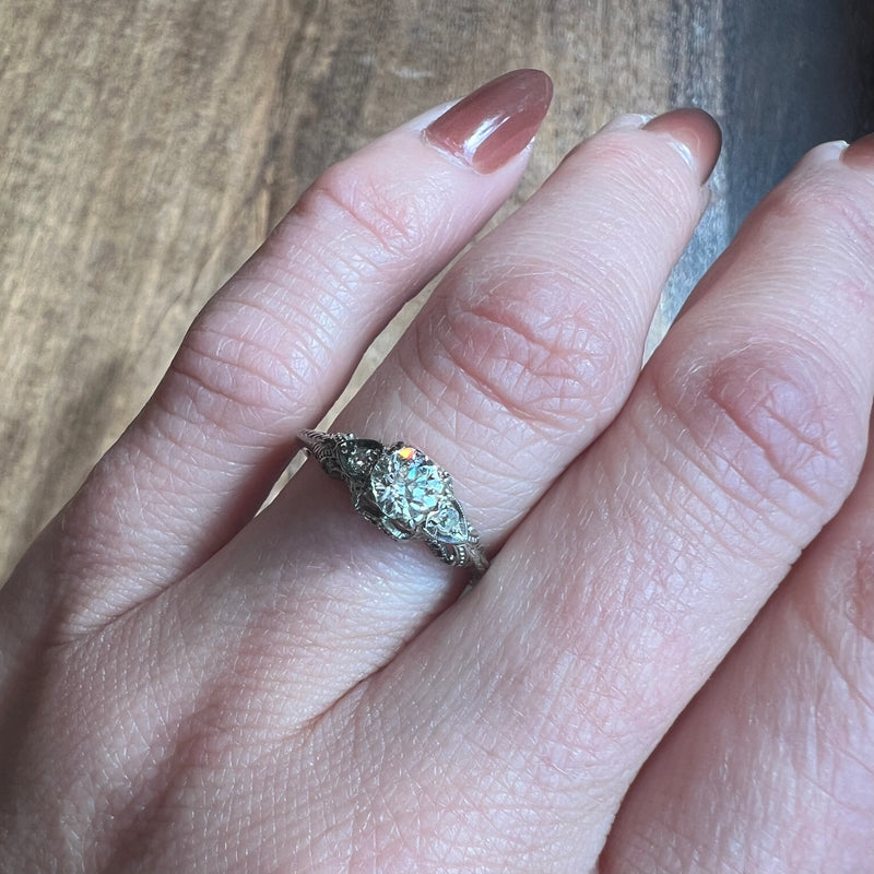 Hearts & Filigree Old European Cut Diamond Engagement Ring