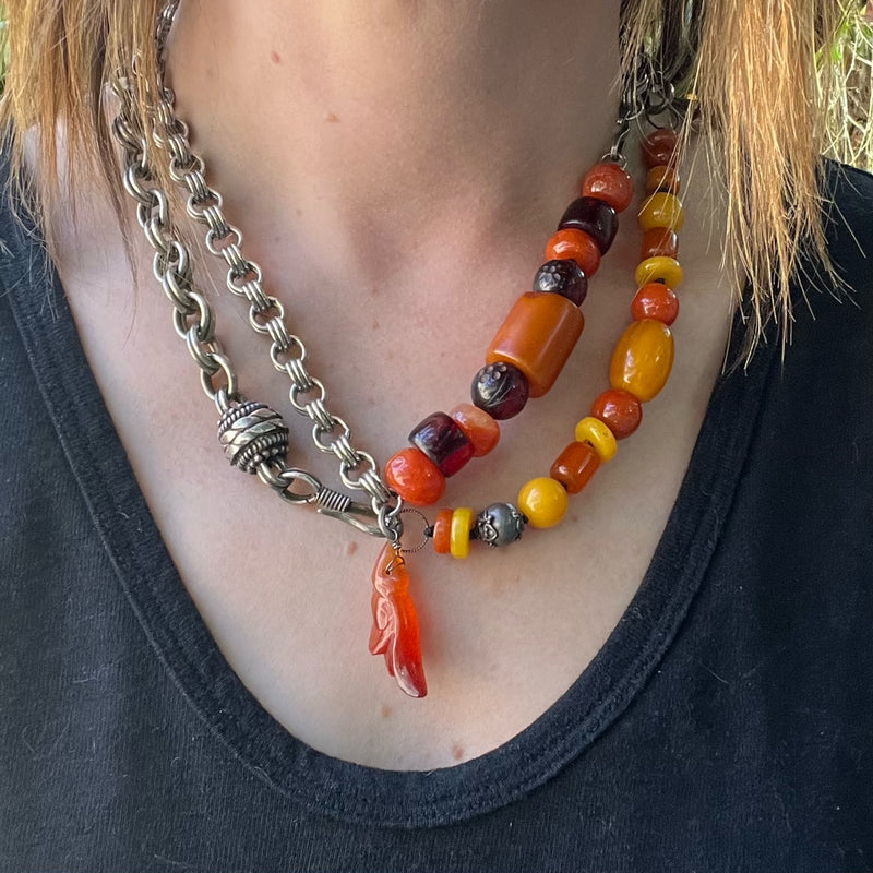 Amber & Carnelian Beads on Silver Chain by Ancient Influences