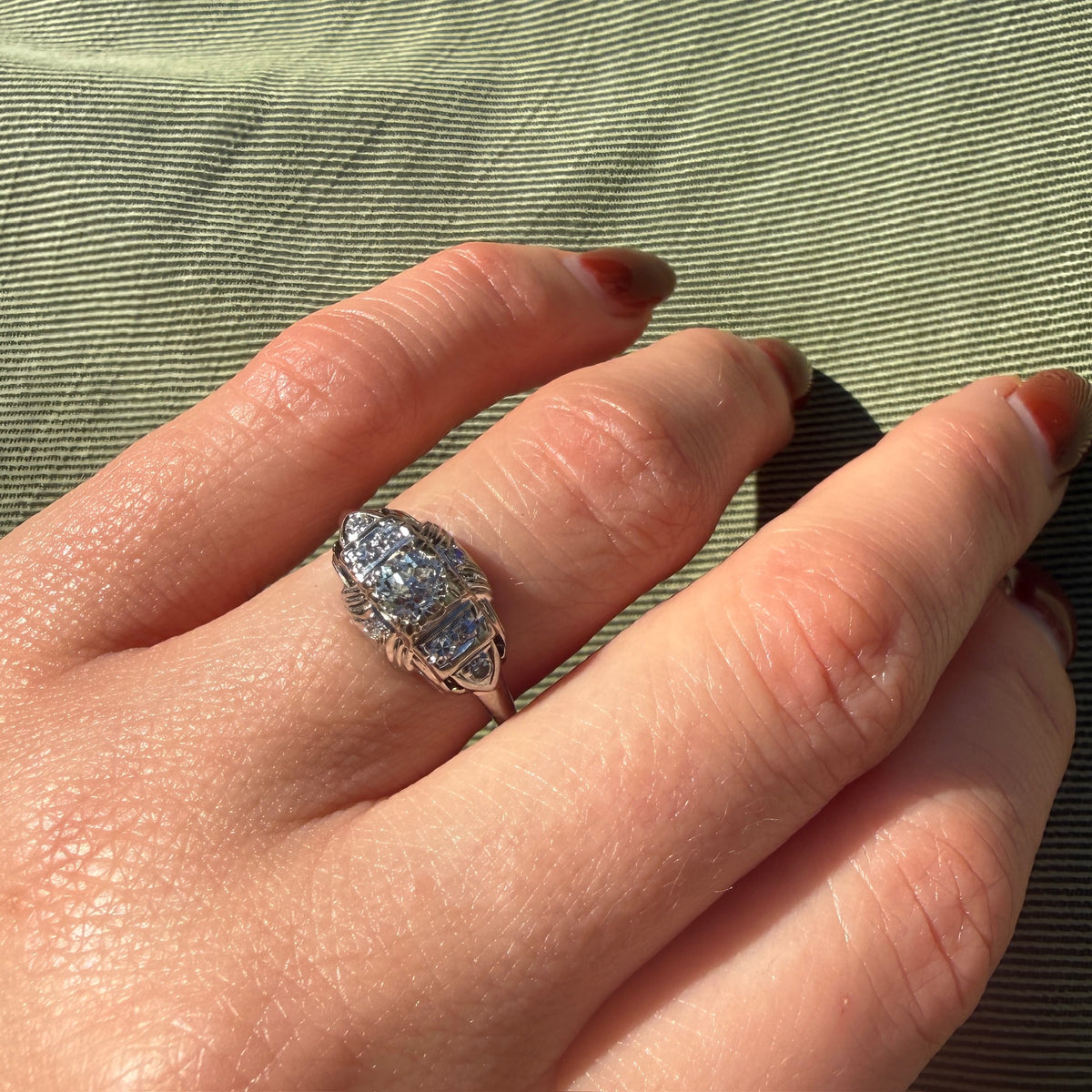 Striking Art Deco White Gold & Diamond Ring by Granat Bros