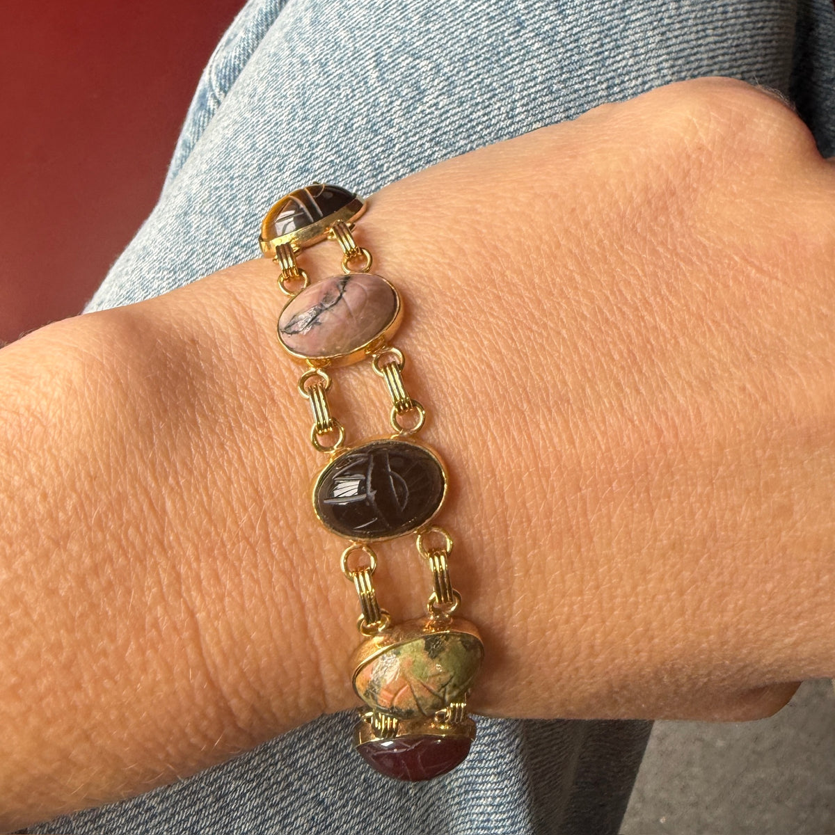 Colorful Scarabs in Gold Fill Bracelet