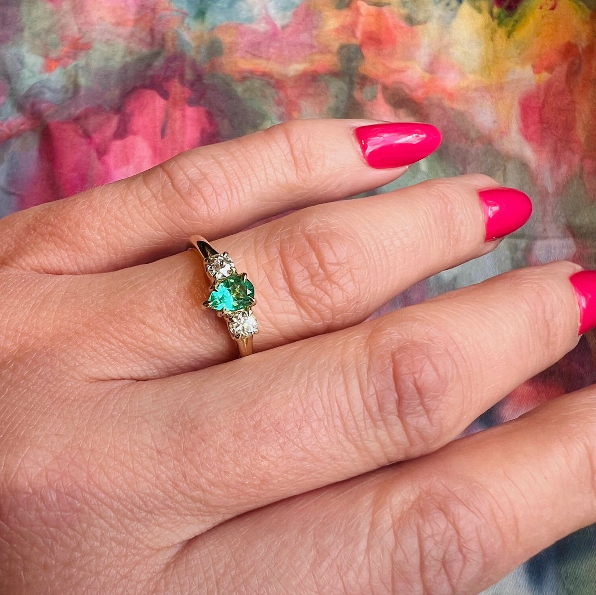 Pear-Cut Emerald & Old Mine Diamond Trilogy Ring
