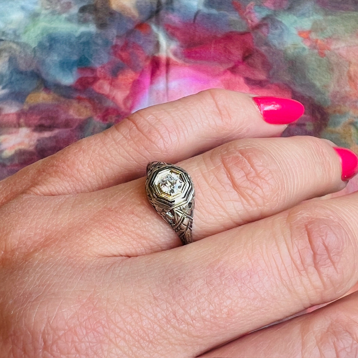 Flower Trellis Motif Deco Diamond Solitaire Ring