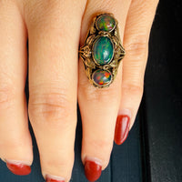Black Opals in Lush Arts & Crafts Botanical Ring