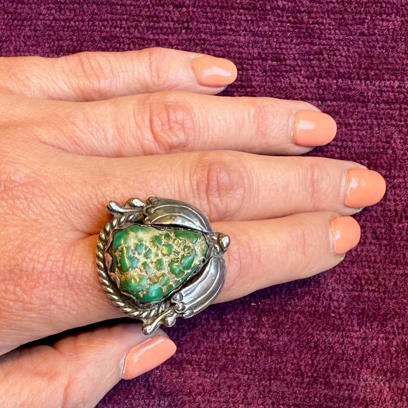 Pebbled Green Turquoise in Creative Silver Ring